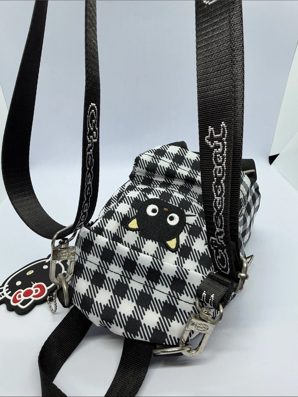 Sanrio Black & White Plaid Mini Backpack with Kuromi-style Cat Patch